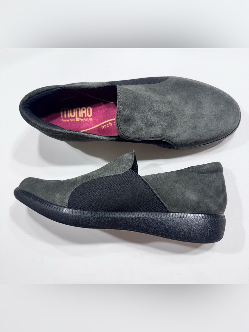 Munro Clay Sage Gray and Black Suede Slip-On arch support loafers
